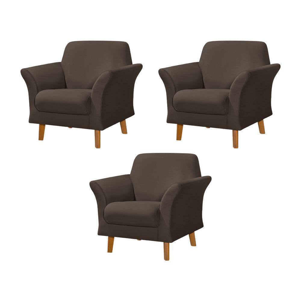 Kit 3 Poltronas Retrô Pés em Madeira Maciça Jamaica Veludo Marrom