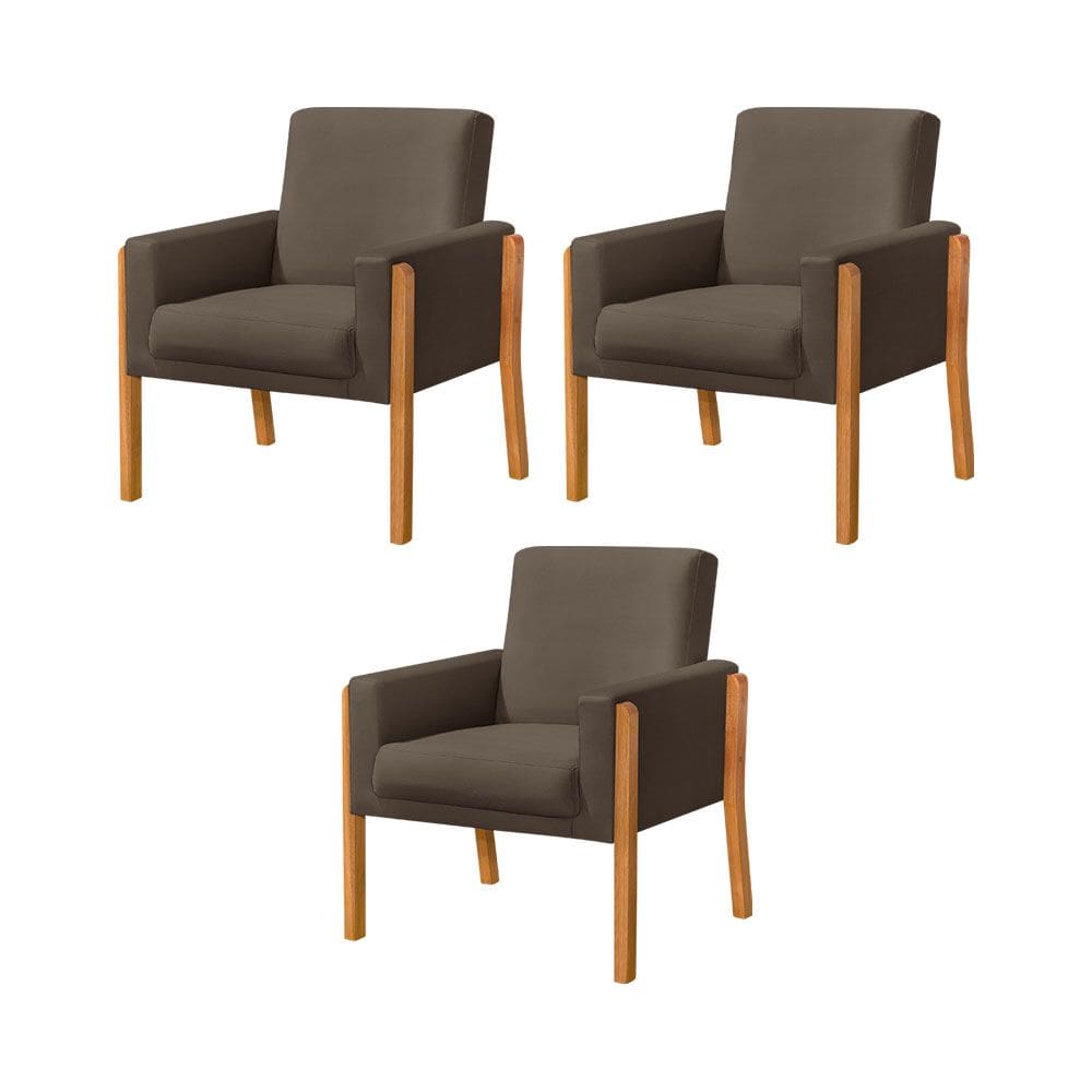Kit 3 Poltronas Sala de Espera Pés em Madeira Santorini Veludo Marrom