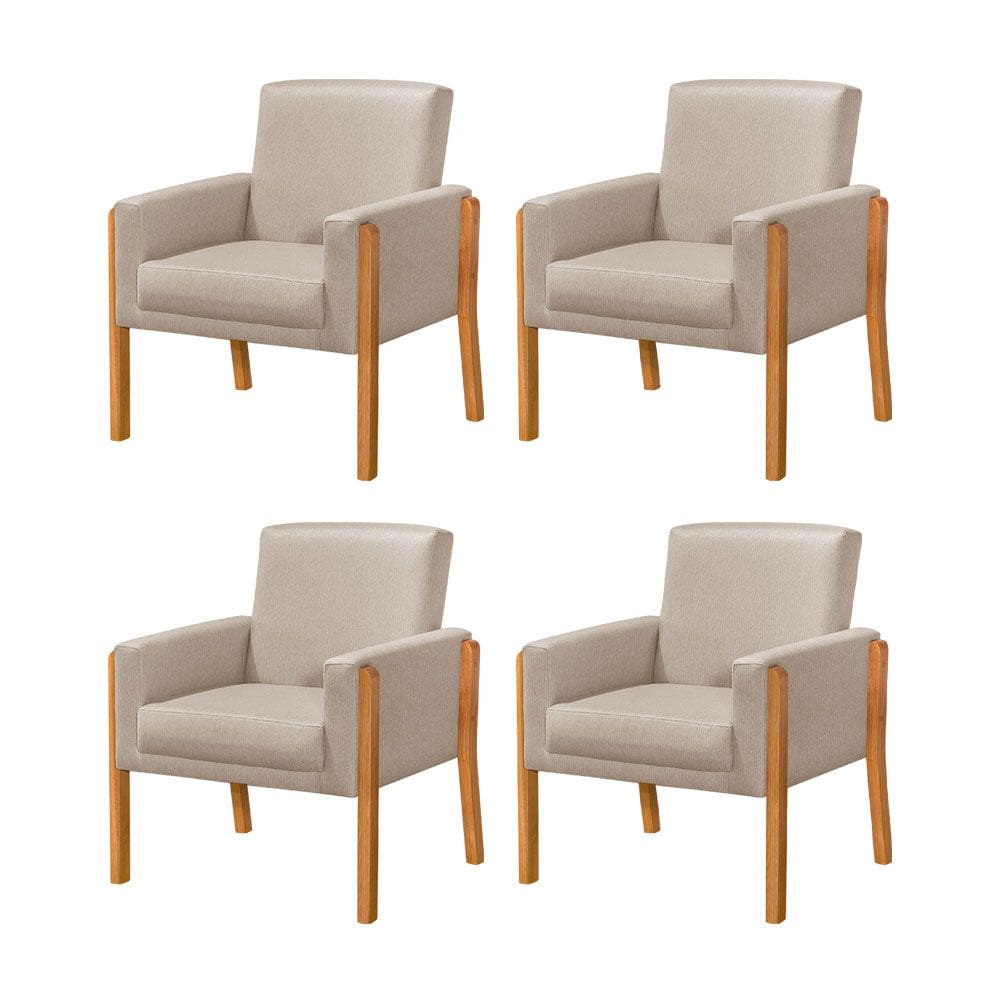 Kit 4 Poltronas Sala de Espera Pés em Madeira Santorini Linho Bege