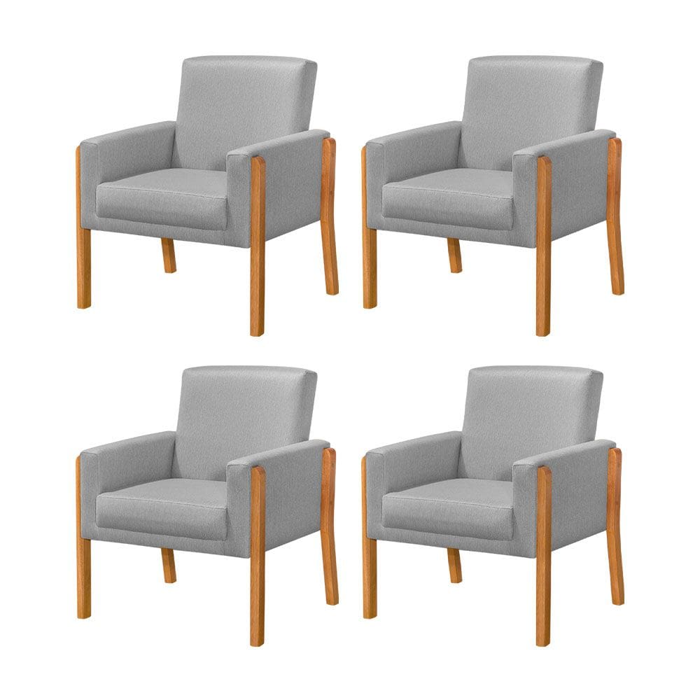Kit 4 Poltronas Sala de Espera Pés em Madeira Santorini Linho Cinza