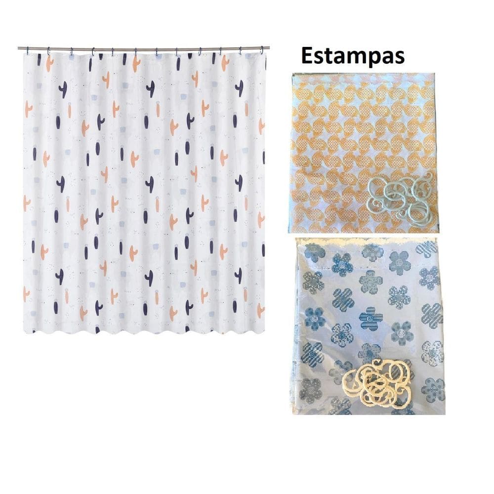 Cortina Box Banheiro Plástico Estampada C/Ganchos 1,38X180Cm