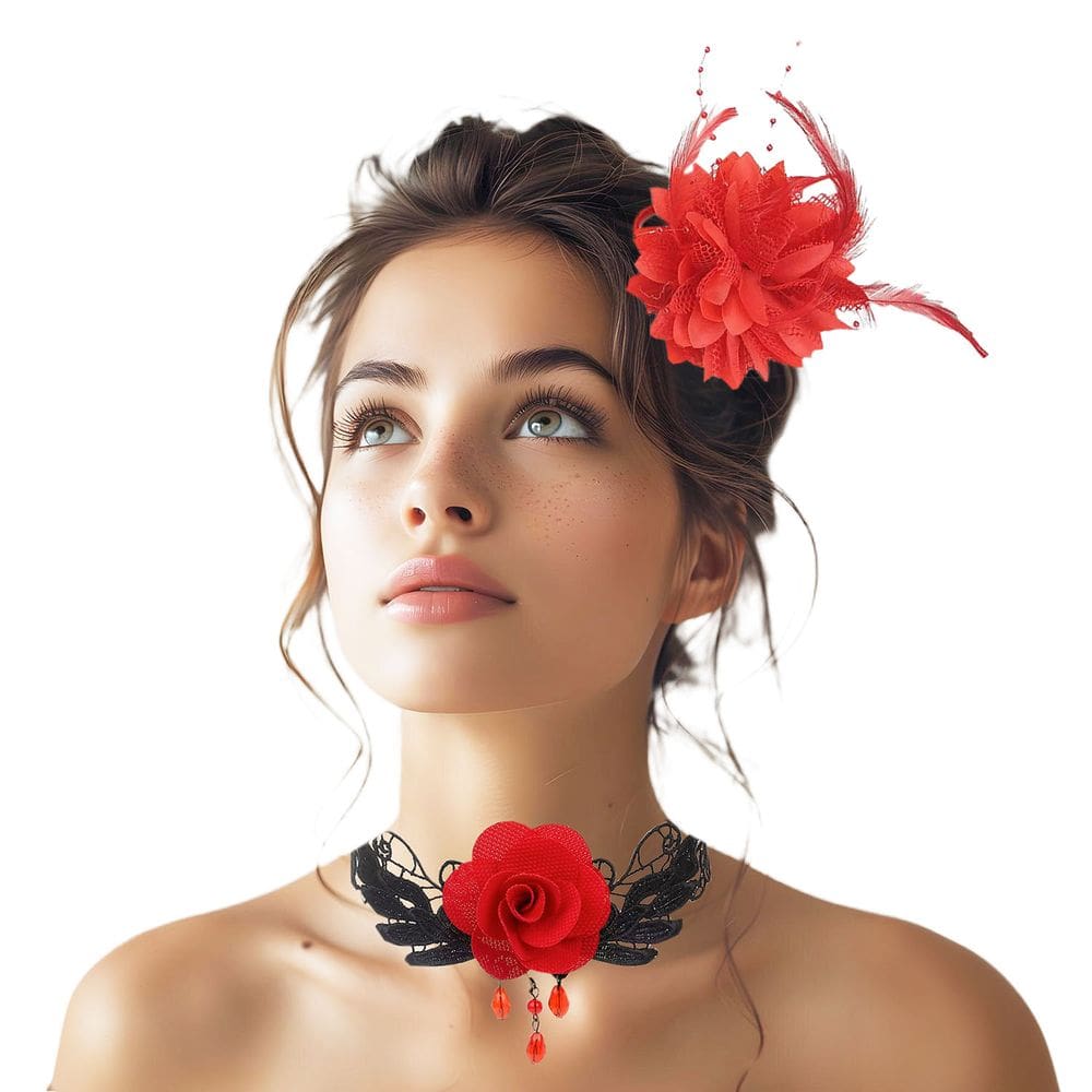 Kit Colar Choker Gargantilha Renda Gótica + Flor Cabelo ou Broche: Steampunk Festa Fantasia Vintage Halloween