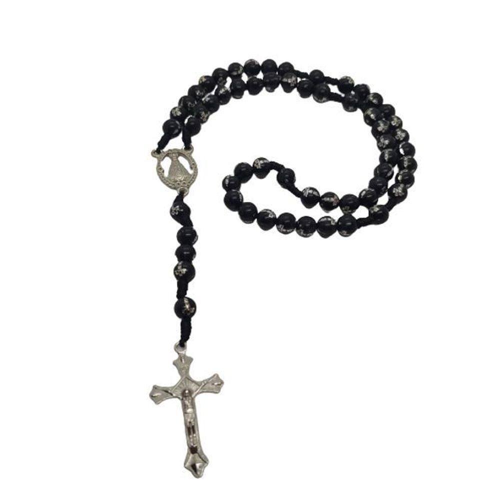 Terço Nossa Senhora Bolinha Preta Com Cruz Prata