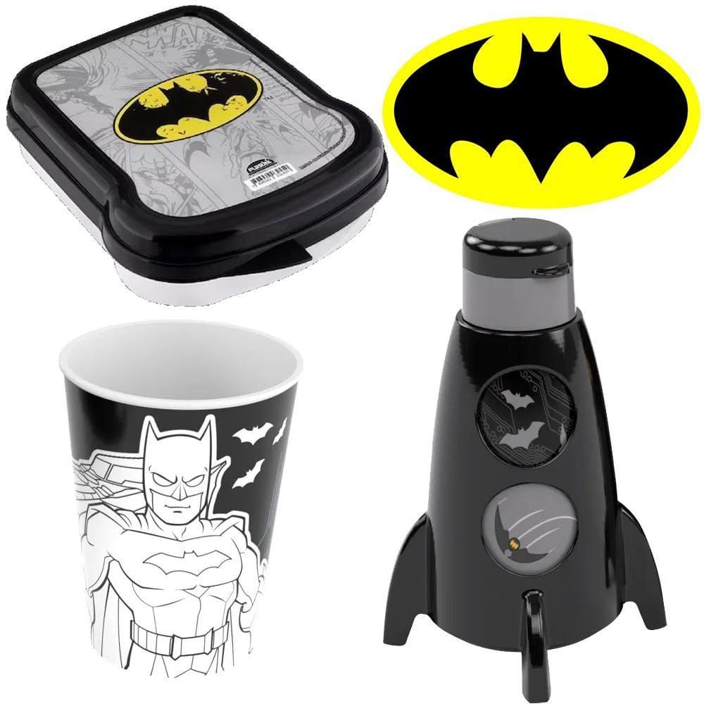 Kit Garrafa Garrafinha Batman Morcego Pote Potinho Copo