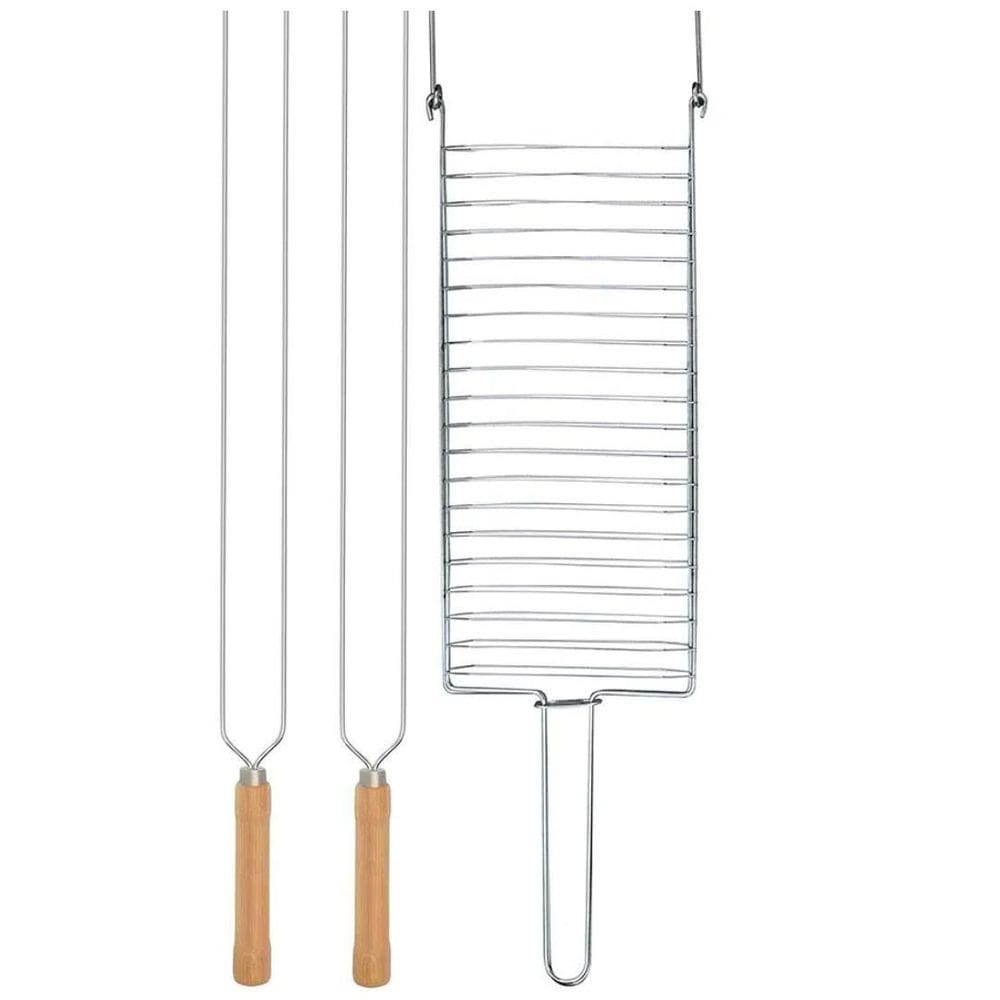 Kit Preparo Churrasco 3Pcs Churrasqueira Grelha Espetos 65Cm