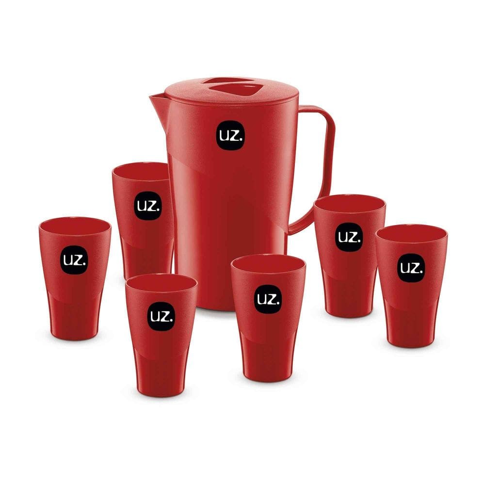 Jogo De Jarra 2 Lts Com 6 Copos Para Suco Agua Uz Vermelho