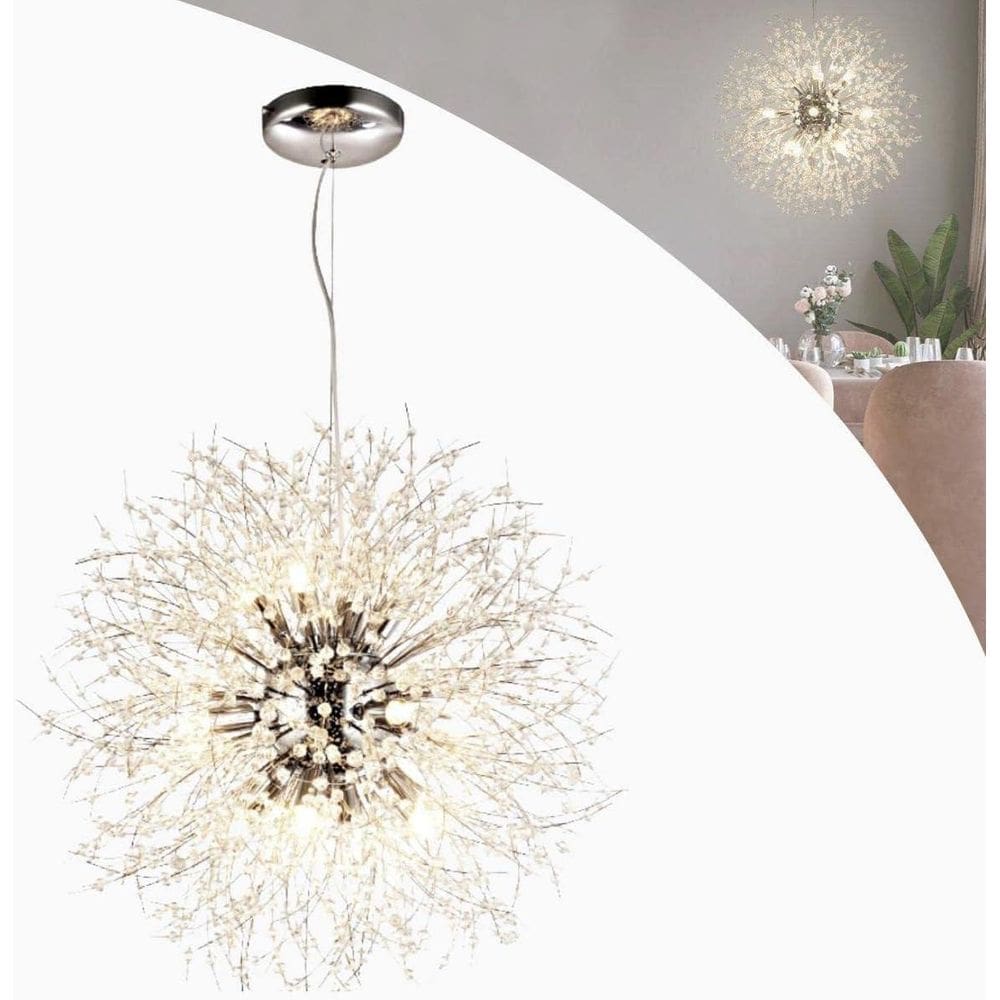 Lustre Pendente Cristal Flor Dente Leão Cromado 8Xg9 Bivolt