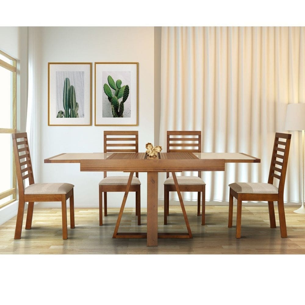 Conjunto Sala de Jantar Atena Mesa Extensível 178x78cm Tampo Vidro 6 Cadeiras Assento Estofado Pinhão