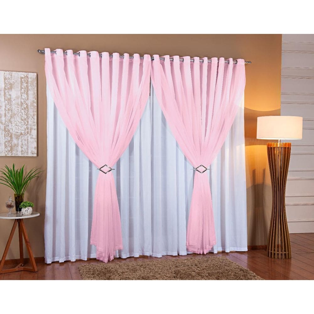 Cortina Voil Forro Microfibra 7,00 X 2,20 Branco E Rosa