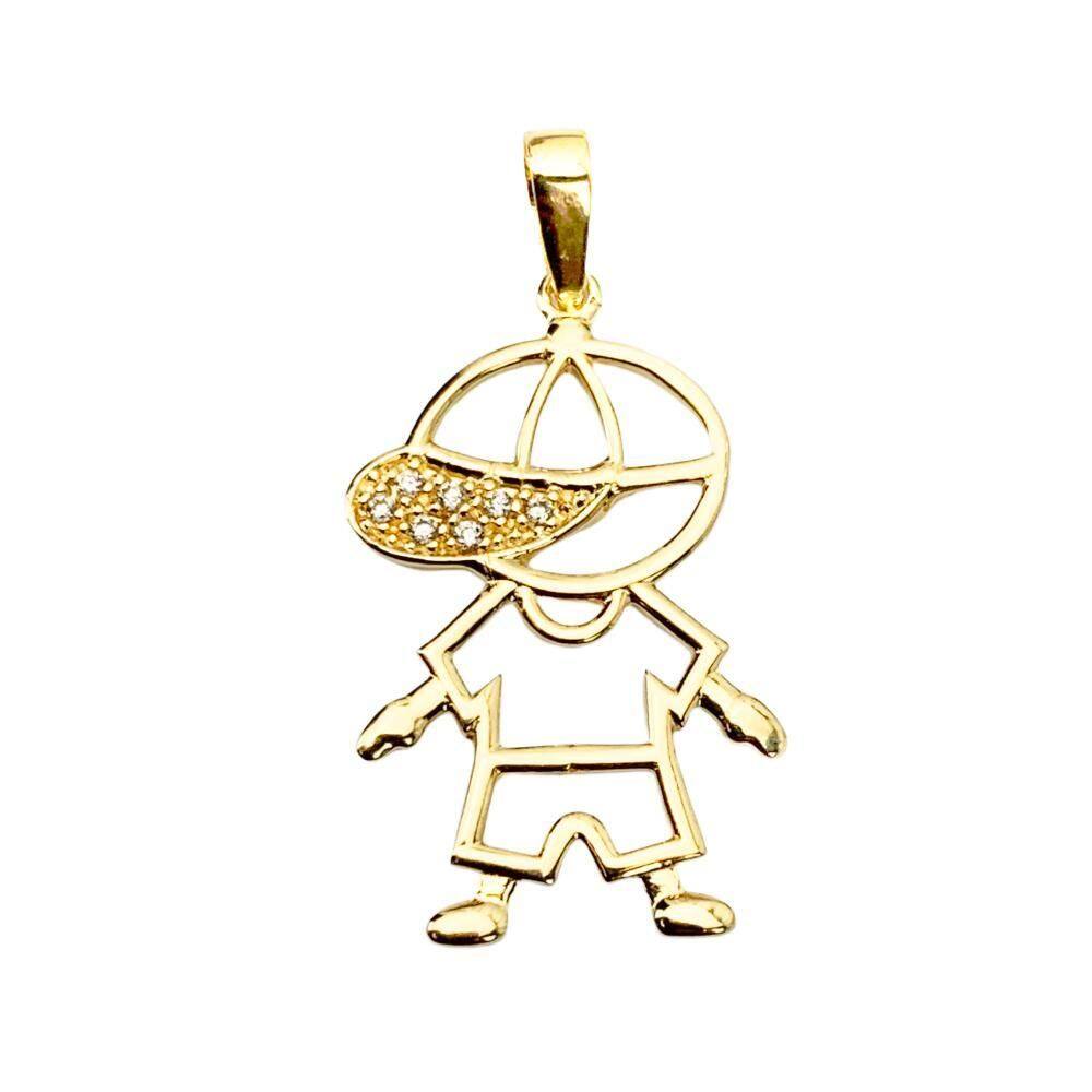Pingente Menino Com Boné 2,5 Cm Com Zircônia Vazado Em Ouro