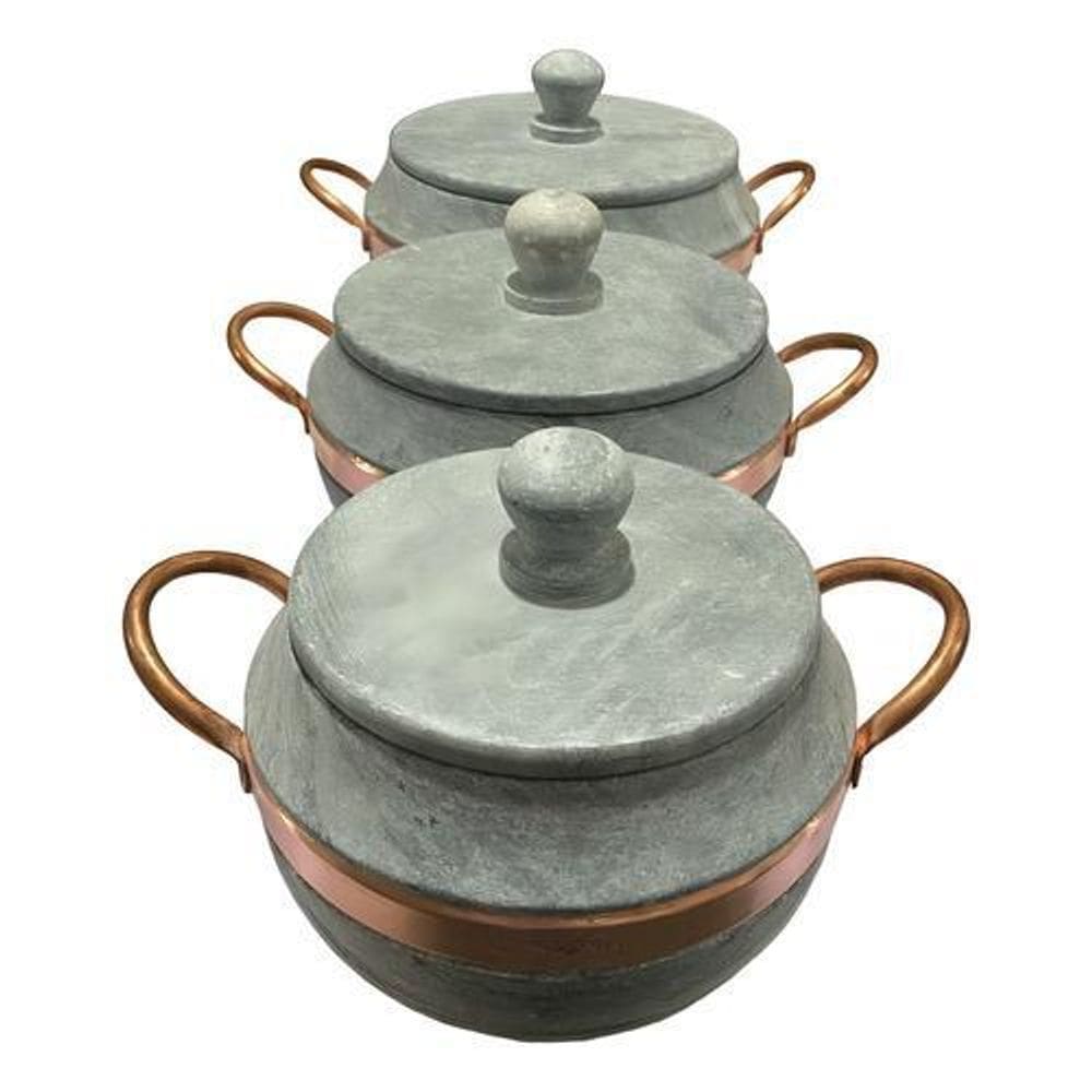 Jogo De Panelas Pedra Sabão Bojuda Com Tampa De Pedra
