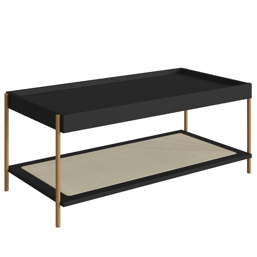 Mesa de Centro Retangular Oslo Artesano 93 cm (larg) MDP Nero Palha Sintética Bege Pé Metal Dourado