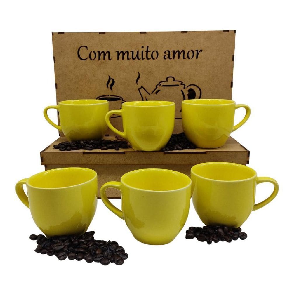Jogo 6 Xicaras 170Ml Porcelana P7 Café Chá Caixa Mdf Amarelo