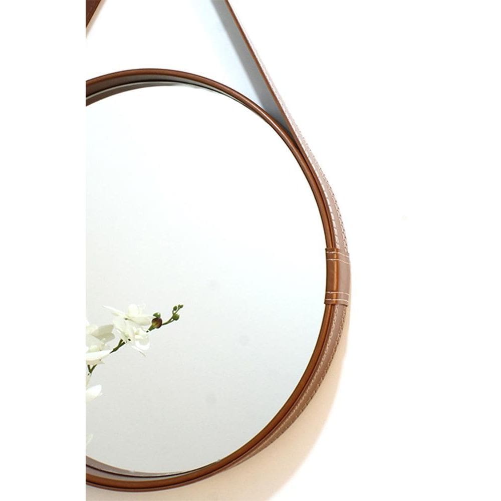 Espelho Redondo Decorativo Moldura Alça Couro 50Cm Caramelo