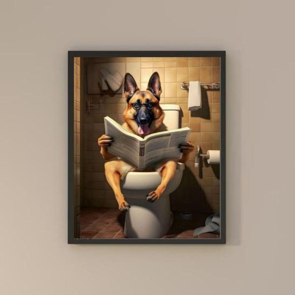 Quadro Banheiro Pastor Alemão Lendo Jornal 33X24Cm