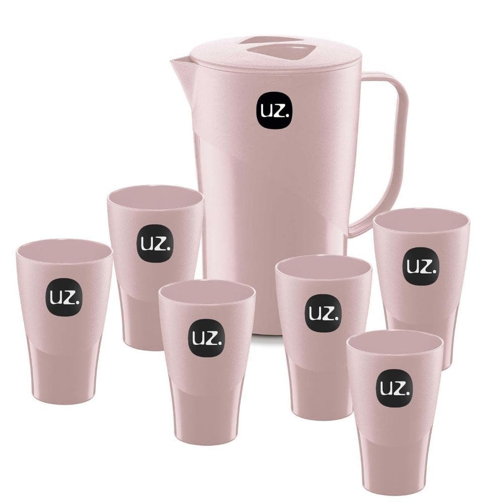Jogo De Jarra 2 Lt Com 6 Copos Plástico Suco Agua Uz Rosa