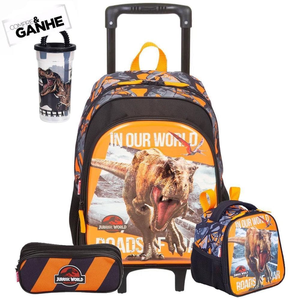 Kit Mochila Rodas Jurassic World Estojo Lancheira E Copo