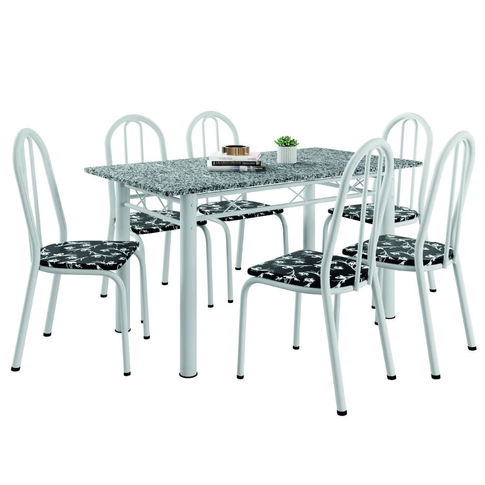 Conjunto Sala De Jantar Mesa Sara Com 6 Cadeiras Diva 1,40m Granito Branco/Floral Artefamol