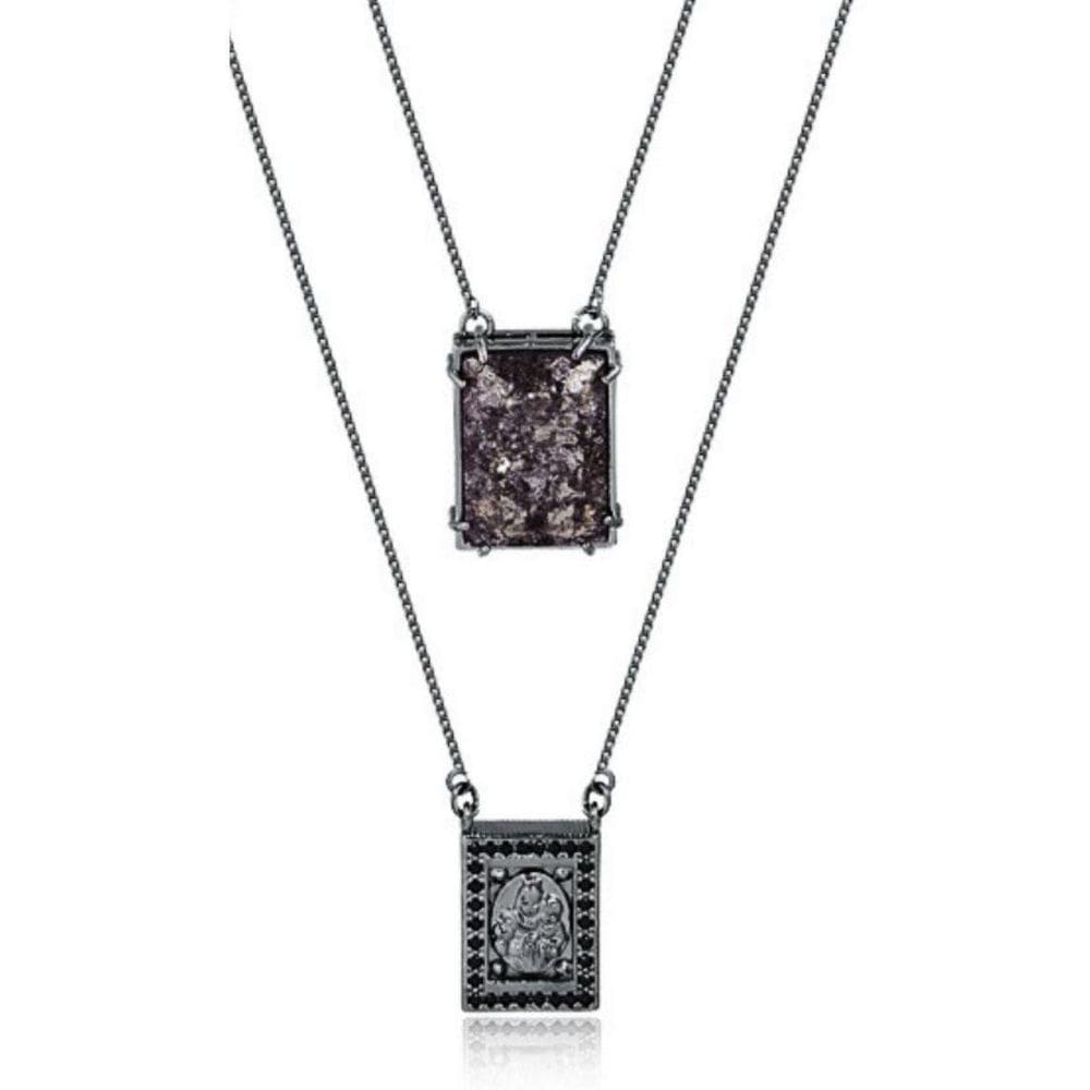 Escapulário Banhada A Ródio Negro Com Pedra Fume Fusion