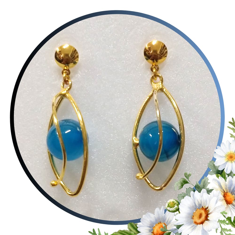 Brinco de Pedra Ágata Azul - Argola Dupla Oval