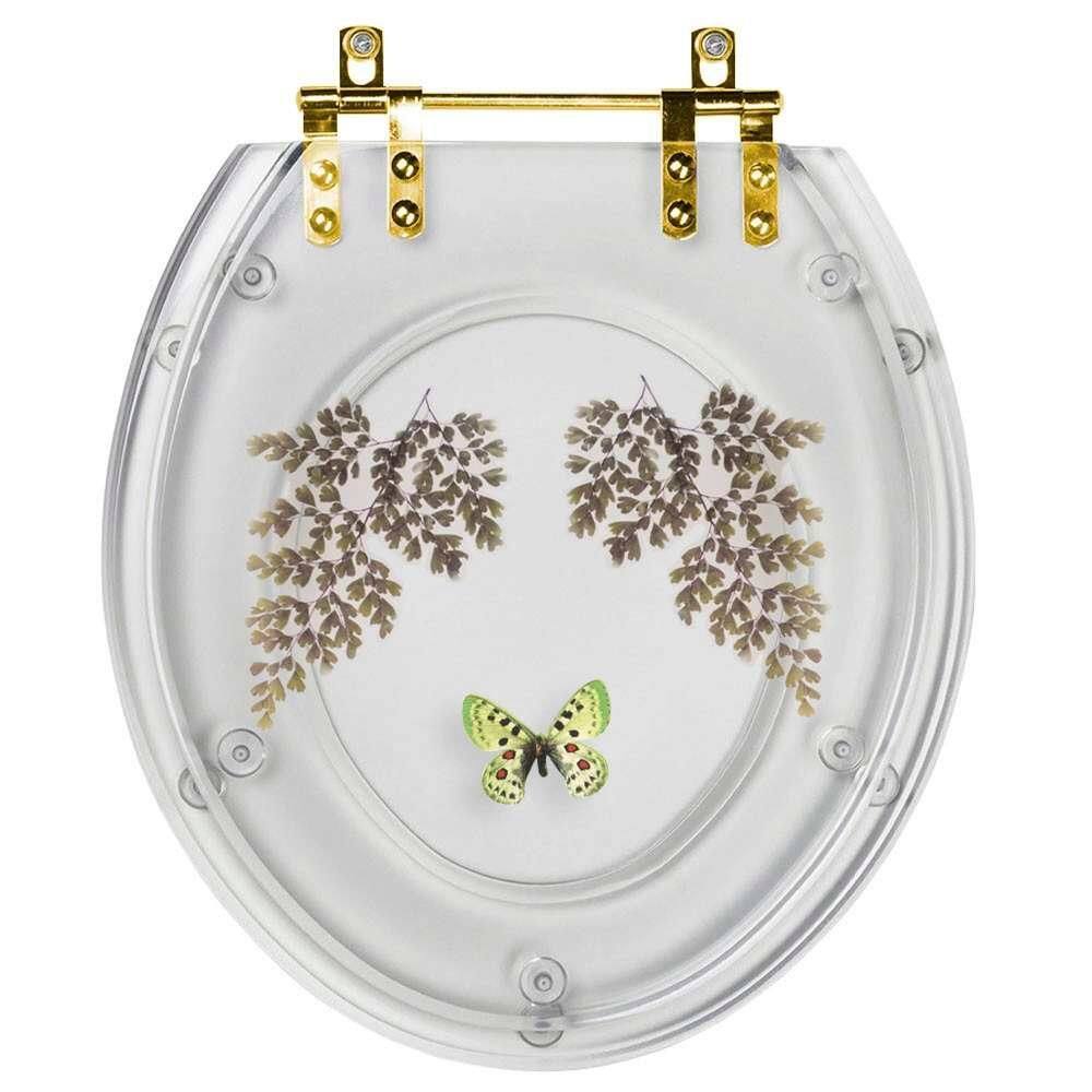 Assento Sanitário Decorado Oval Convencional Transparente Com Borboleta Verde para todas as marcas Com Ferragem Dourada