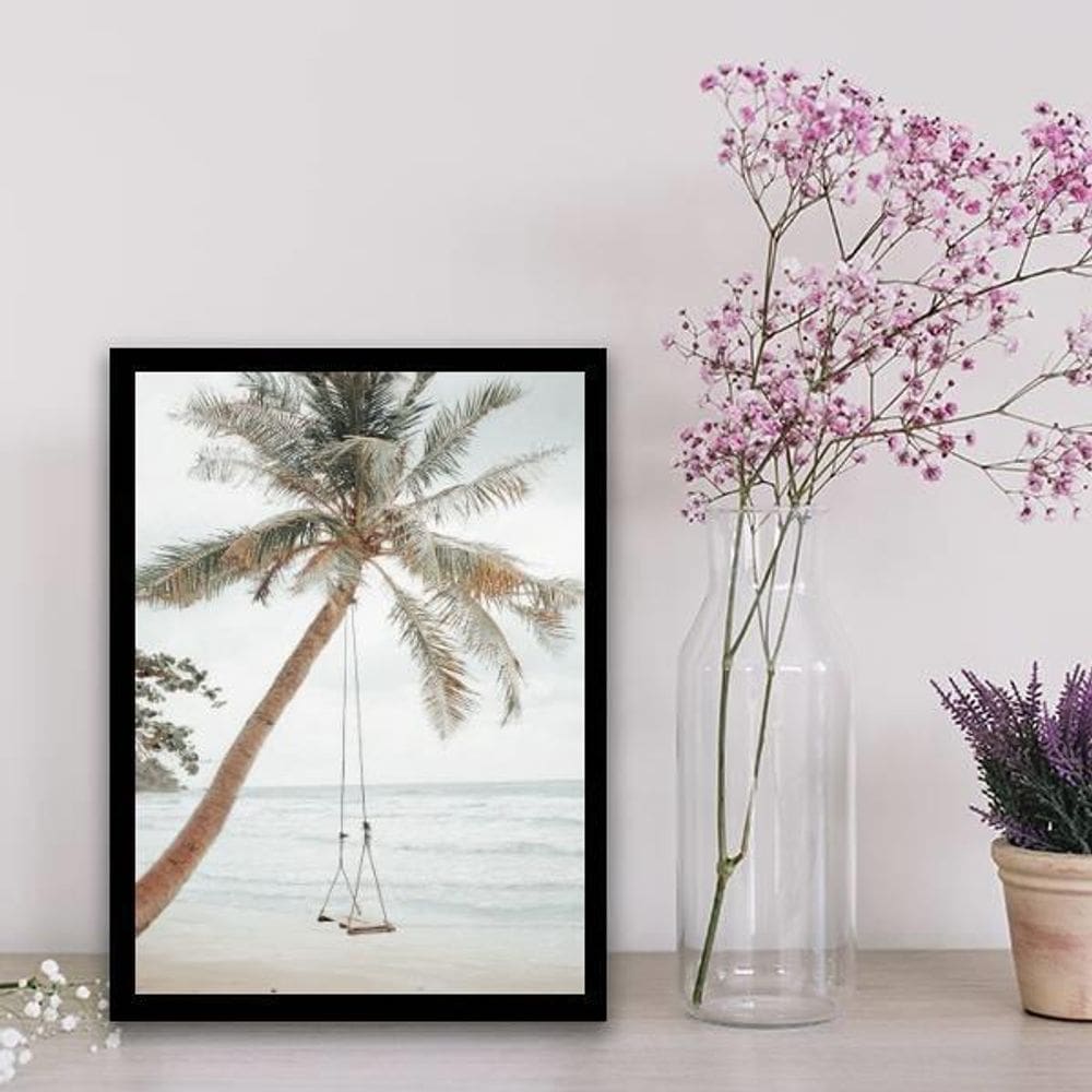 Quadro Praia Coqueiro Balanço 33X24Cm Madeira Branca