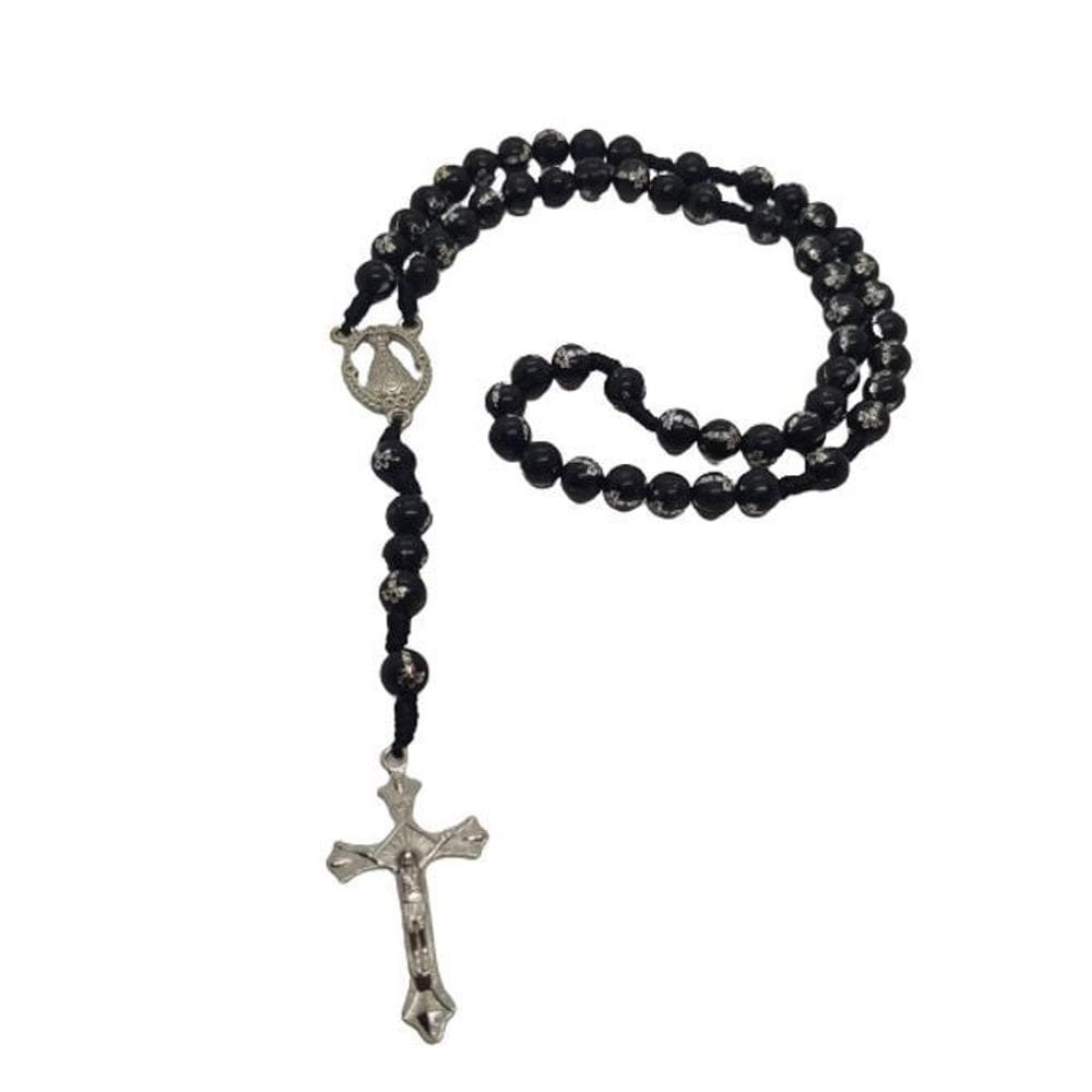 Terço Nossa Senhora Bolinha Preta Com Cruz Prata