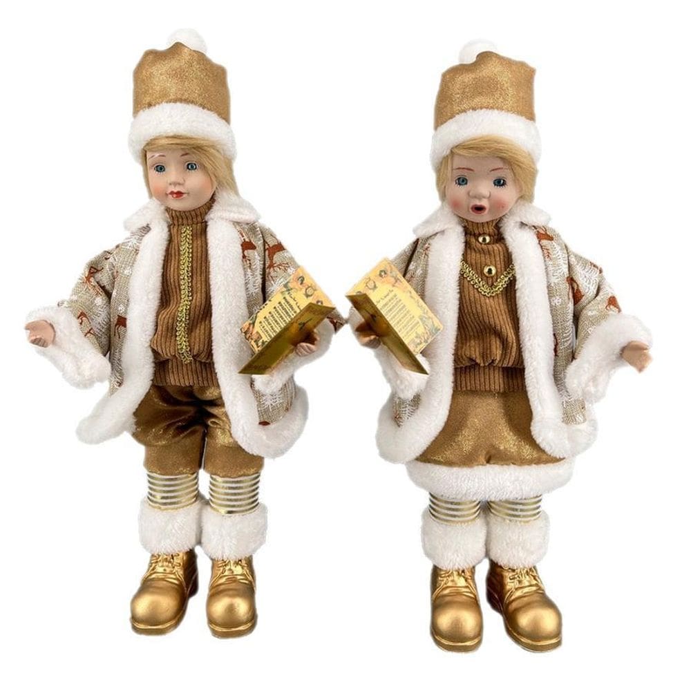 Kit De Natal Crianças Linho/Marrom Grande Musical 45Cm