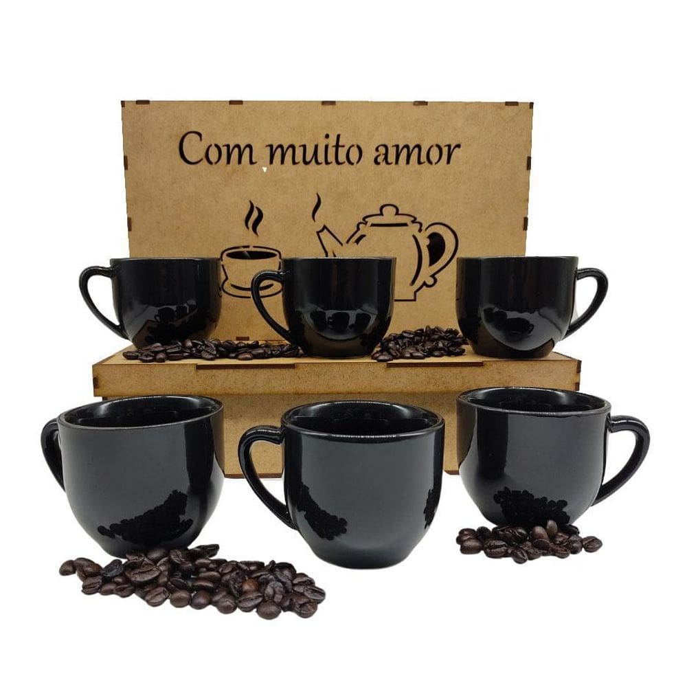 Jogo 6 Xicaras 170Ml Porcelana Para Café Chá Caixa Mdf Preto