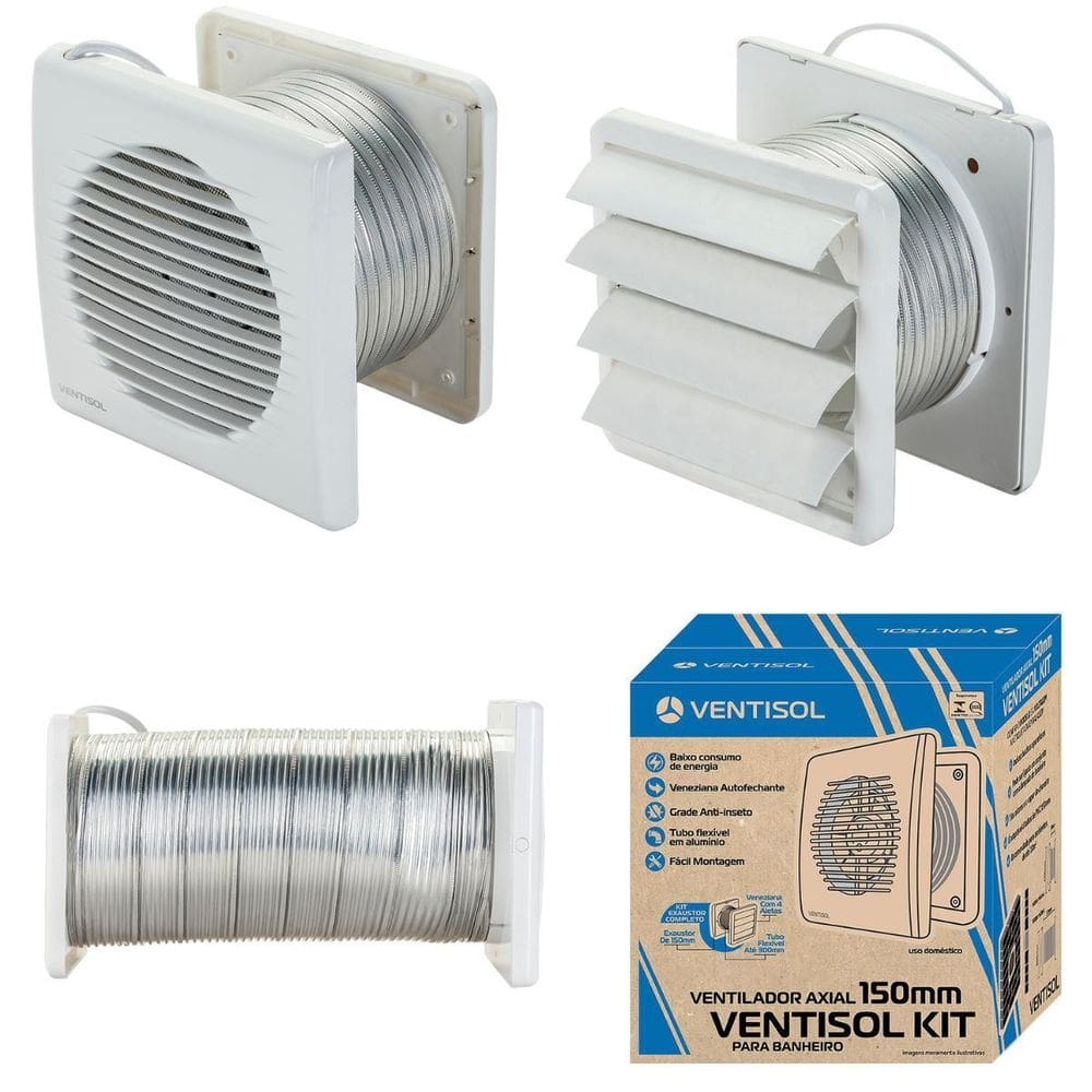 Kit Exaustor Banheiro Completo Bivolt 15Cm Duto Grade Inseto