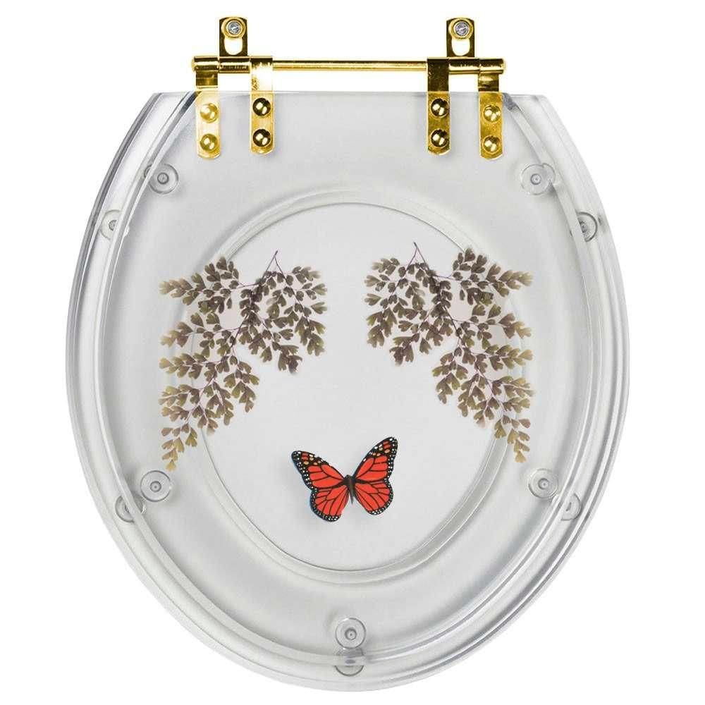 Assento Sanitário Poliester Decorado Oval Transparente Avenca com Borboleta Vermelha Com Ferragem Dourada