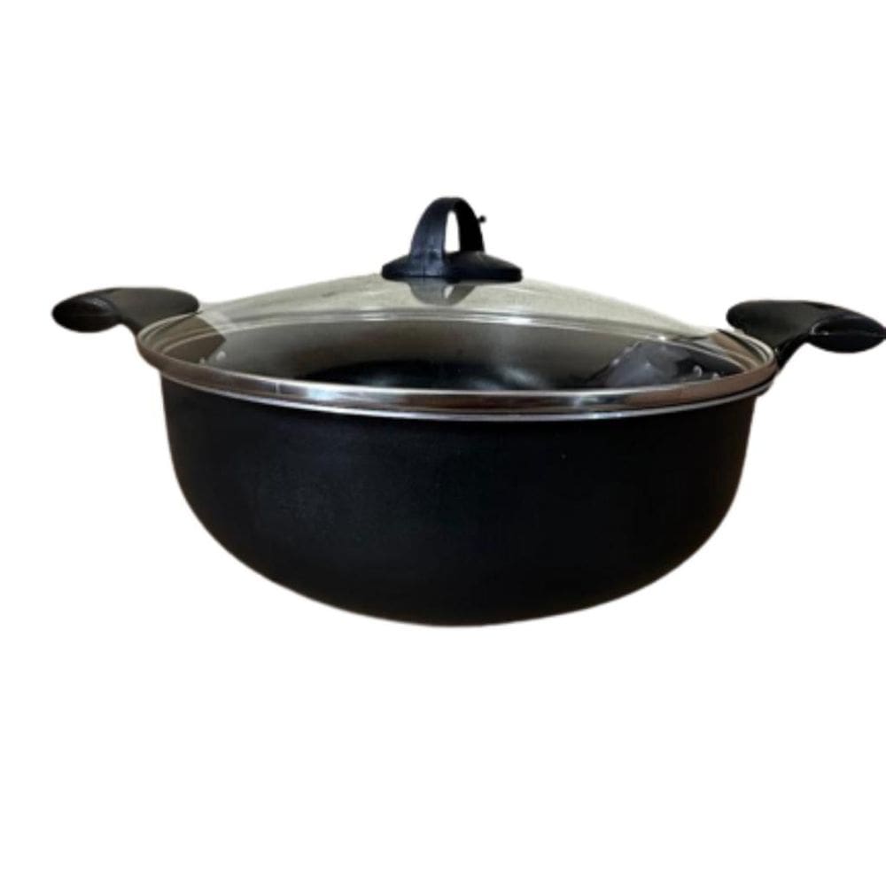 Panela Wok Preta 28cm Antiaderente Teflon com Tampa De Vidro