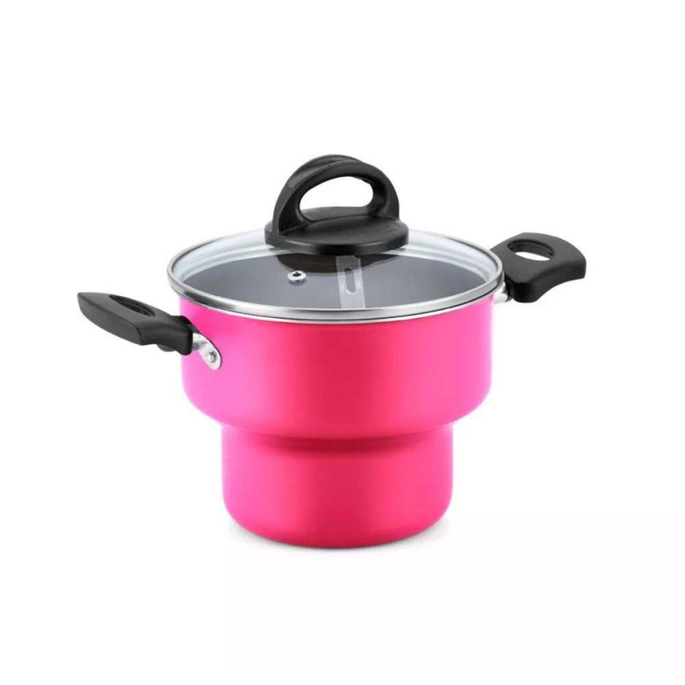 Cuscuzeiro Antiaderente 16cm Com Tampa De Vidro Rosa