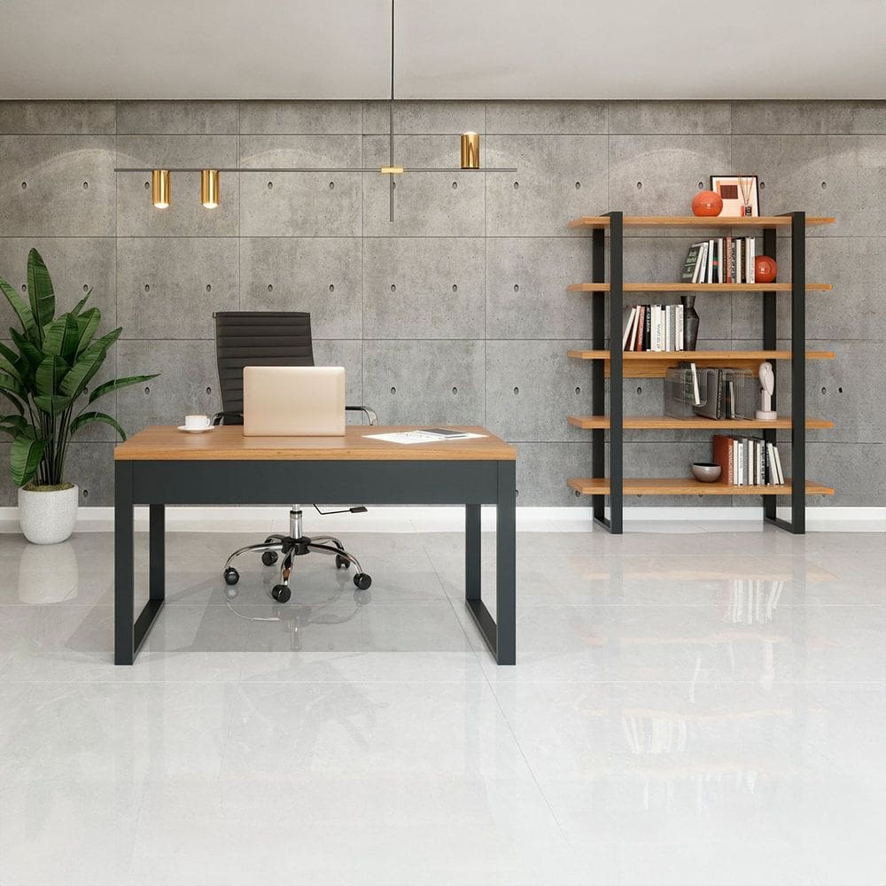 Conjunto para Escritório Mesa com Estante 100% MDF Freijó Preto Fosco