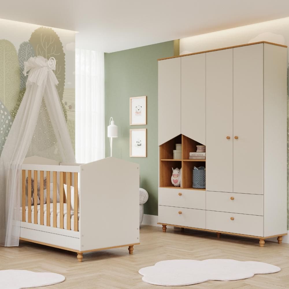 Quarto Bebê Completo Berço Americano 3 em 1 Guarda roupas 4 Portas 100% MDF