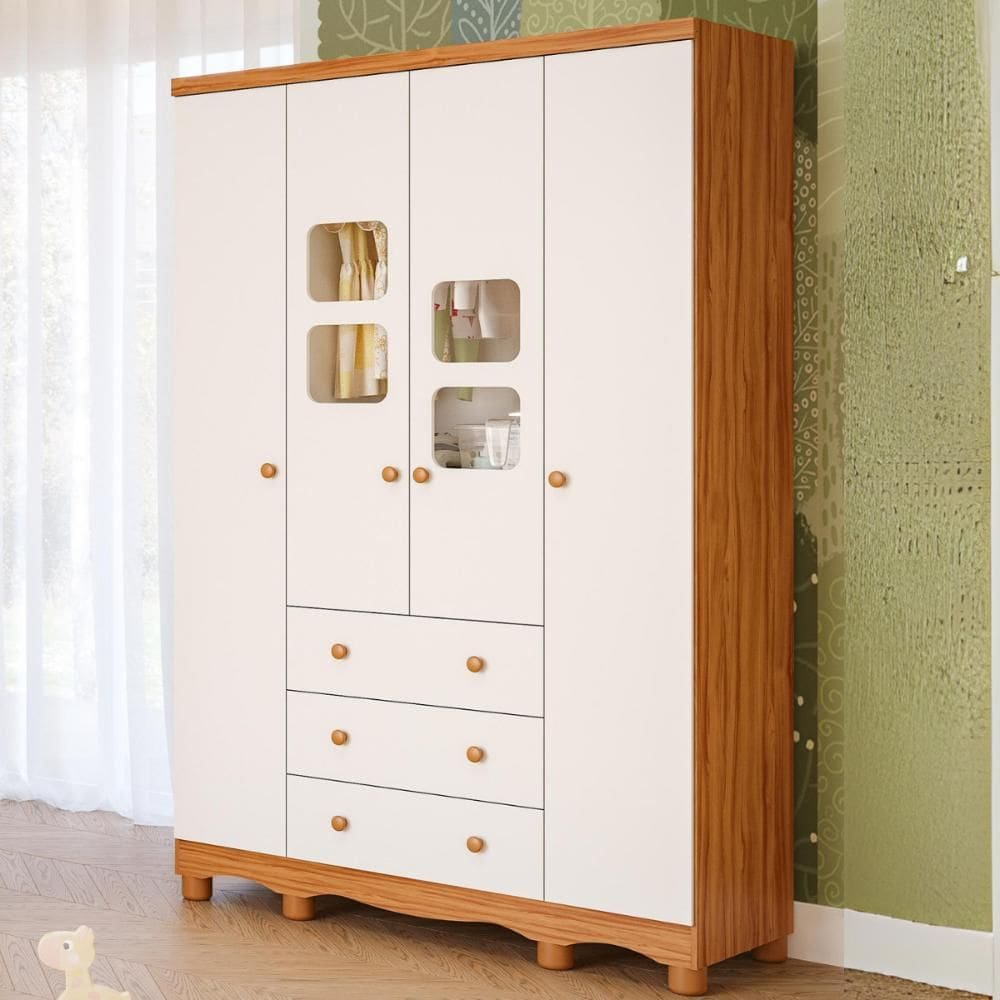 Guarda Roupa Infantil 4 Portas 3 Gavetas 100% MDF Uli Móveis Peroba