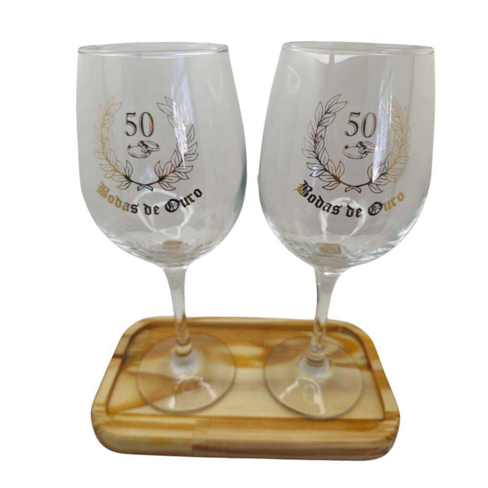 Kit 2 Taças Bandeja Bodas Ouro 50 anos Personalizada Vinho
