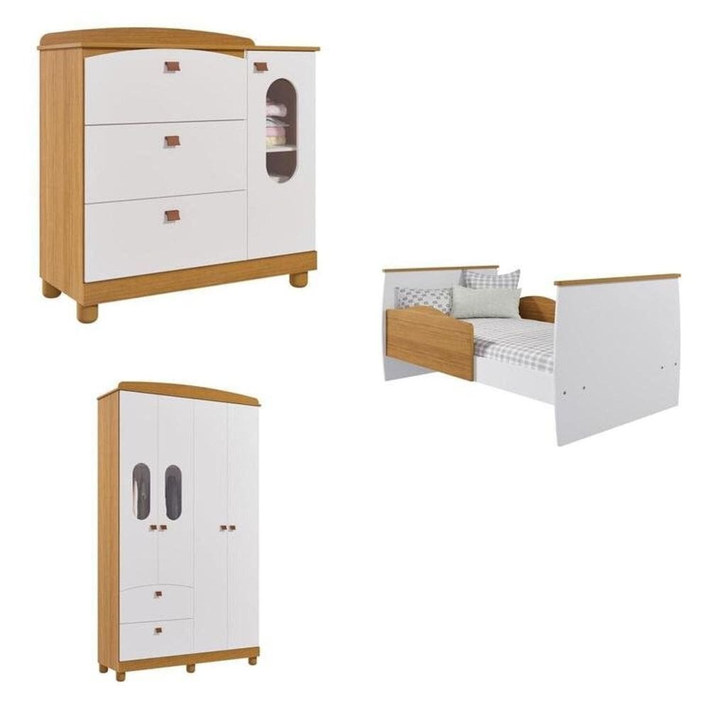 Quarto de Bebê Berço, Cômoda 4 Gavetas 1 Porta, Guarda-roupa 4 Pts 2 Gavetas Happy Espresso Móveis Marrom/Branco