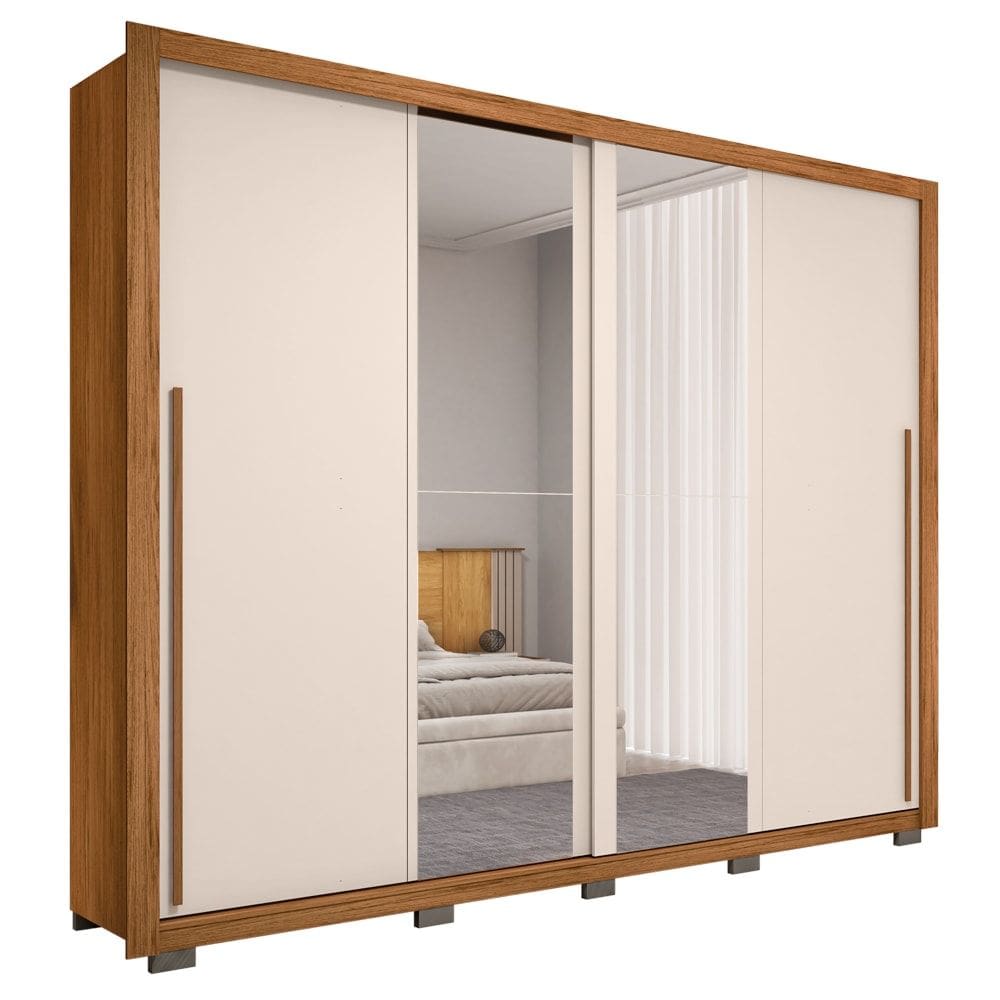 Guarda Roupa Casal 2 Portas de Correr com Espelho Praticus Freijó/Off White - Caemmun