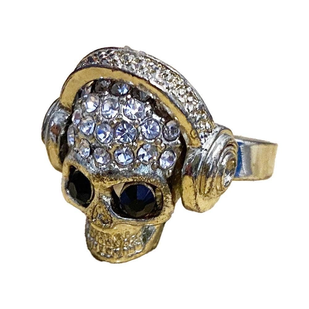 Anel Metal Caveira Com Fone E Pedras Dourado Regulável