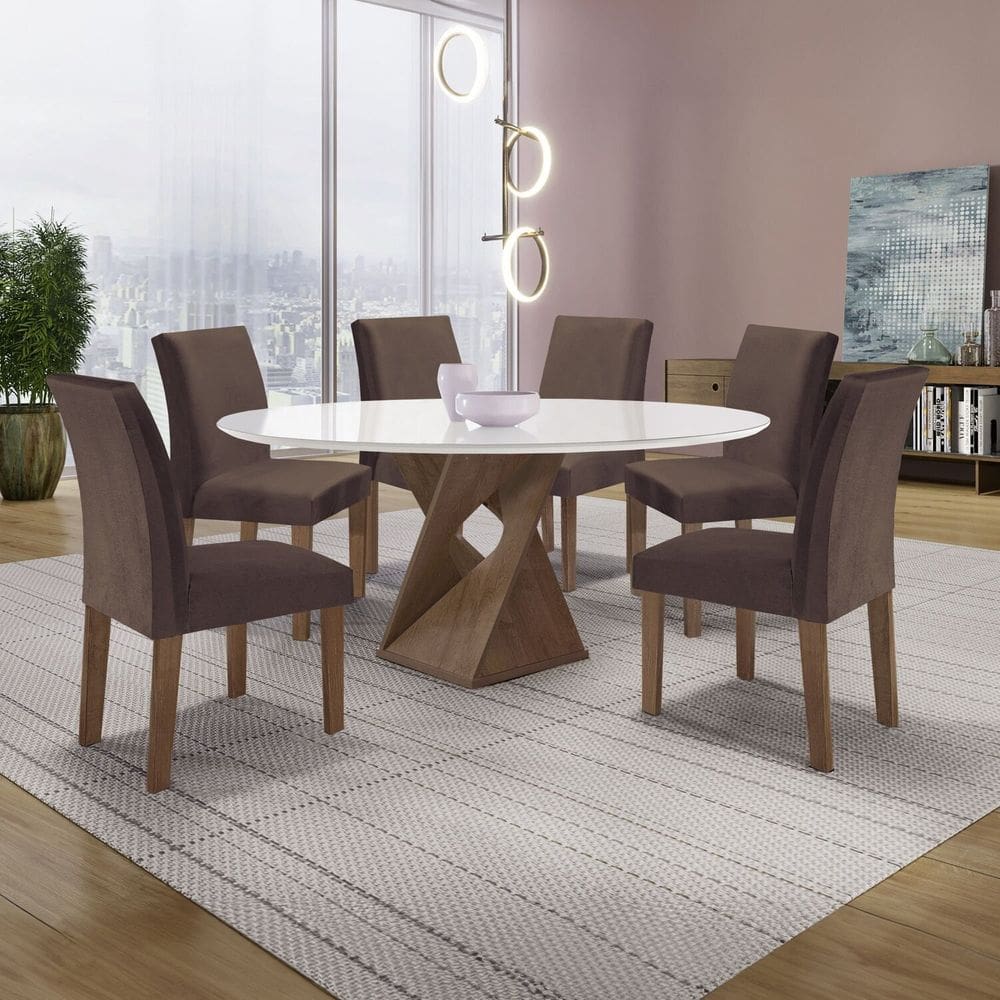 Conjunto Mesa Barcelona 120cmx120cm 6 Cadeiras Espanha Tampo Plus Redondo Vidro Yescasa Chocolate/Off White/Marrom