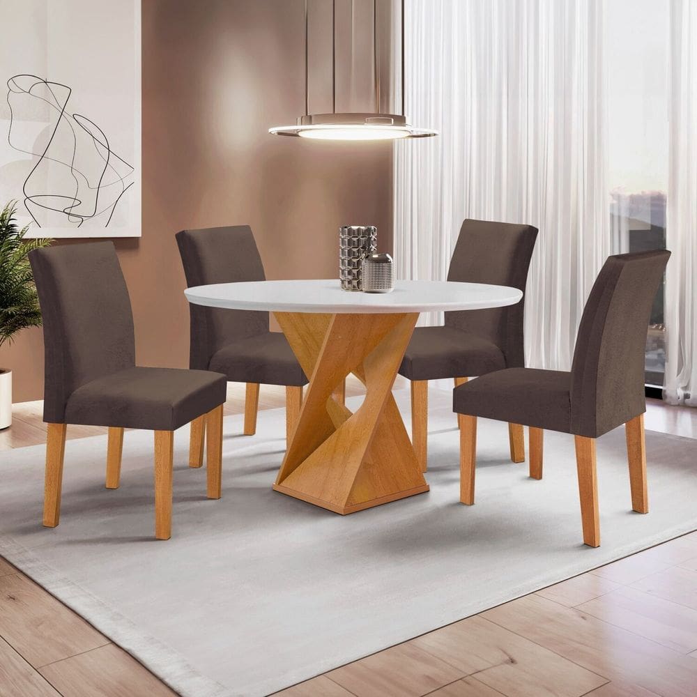 Conjunto Mesa Barcelona 100cmx100cm 4 Cadeiras Espanha Tampo Slim Plus Redondo Yescasa Cinamomo/Off White/Marrom