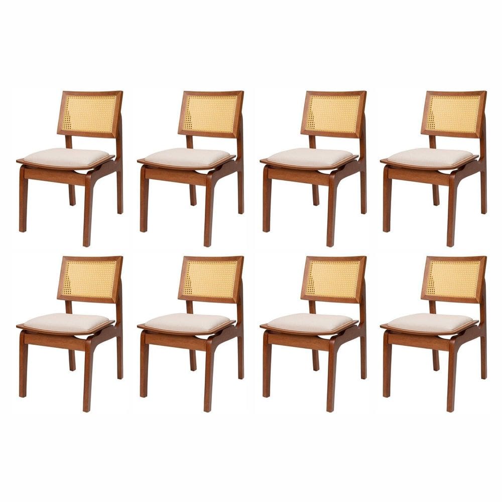 Kit 8 Cadeiras de Madeira Maciça Tauari e Rattan Natural Assento Estofado Daren Living Outdoor Espre Imbuia/Cru
