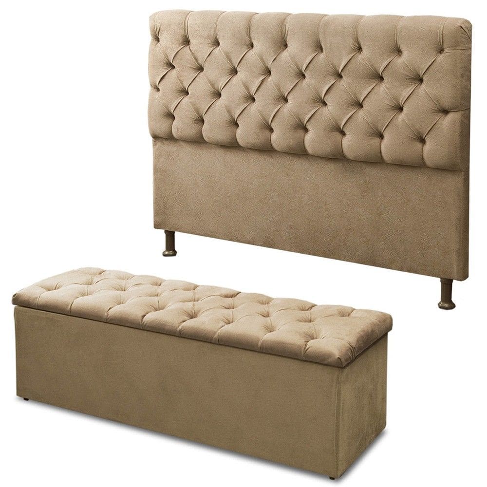 Cabeceira Mais Calçadeira Baú Casal 140cm Para Cama Box Sofia Suede Bege - DS Móveis