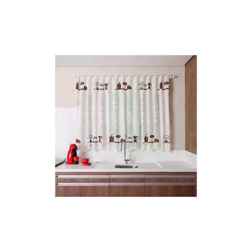 Cortina para Cozinha Interlar 220x120 cm Renda e Bandô 30cm Grão de Café Marfim