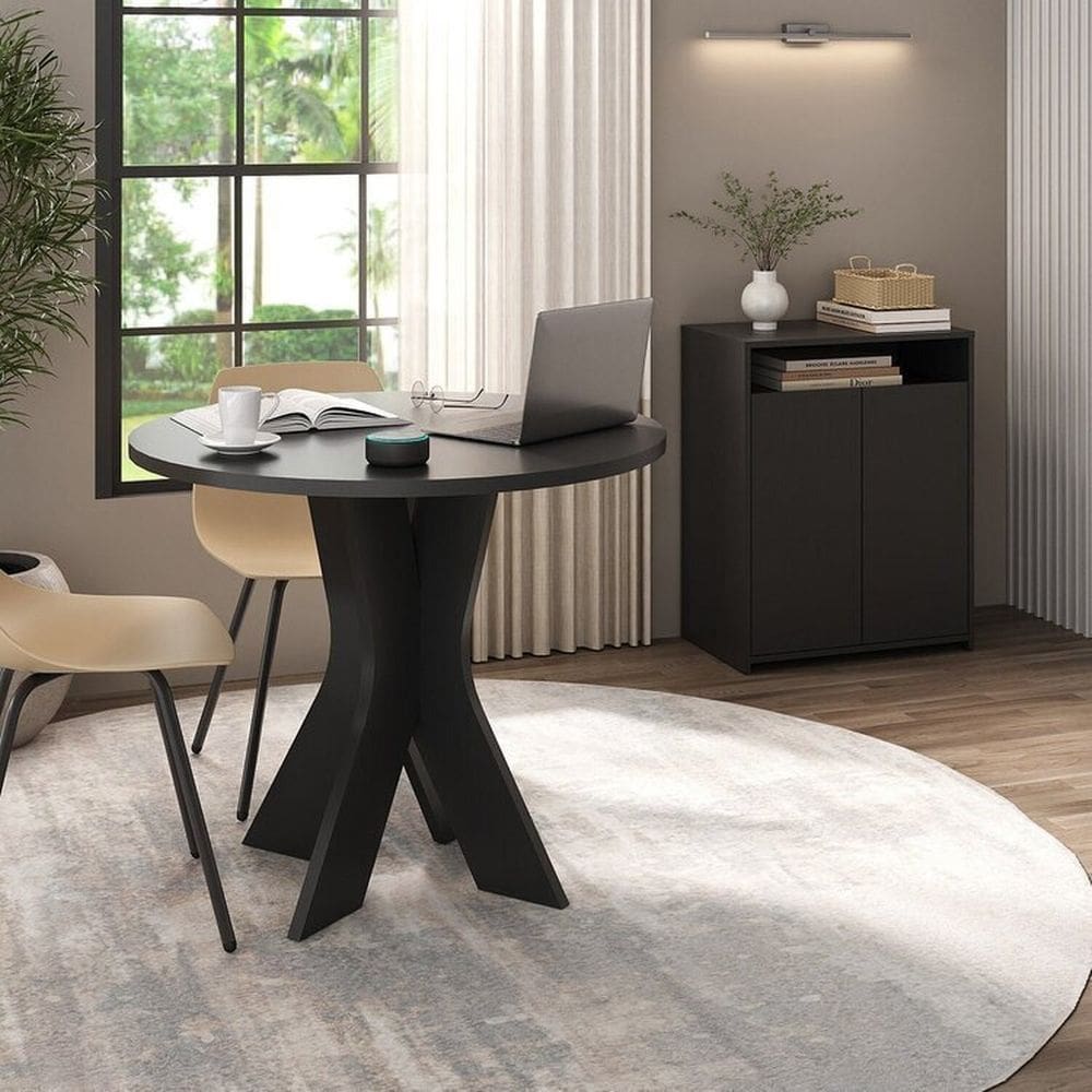 Kit 2 Peças com Mesa Redonda para Home Office ou Reuniões e Balcão Multiuso com Nicho Preto