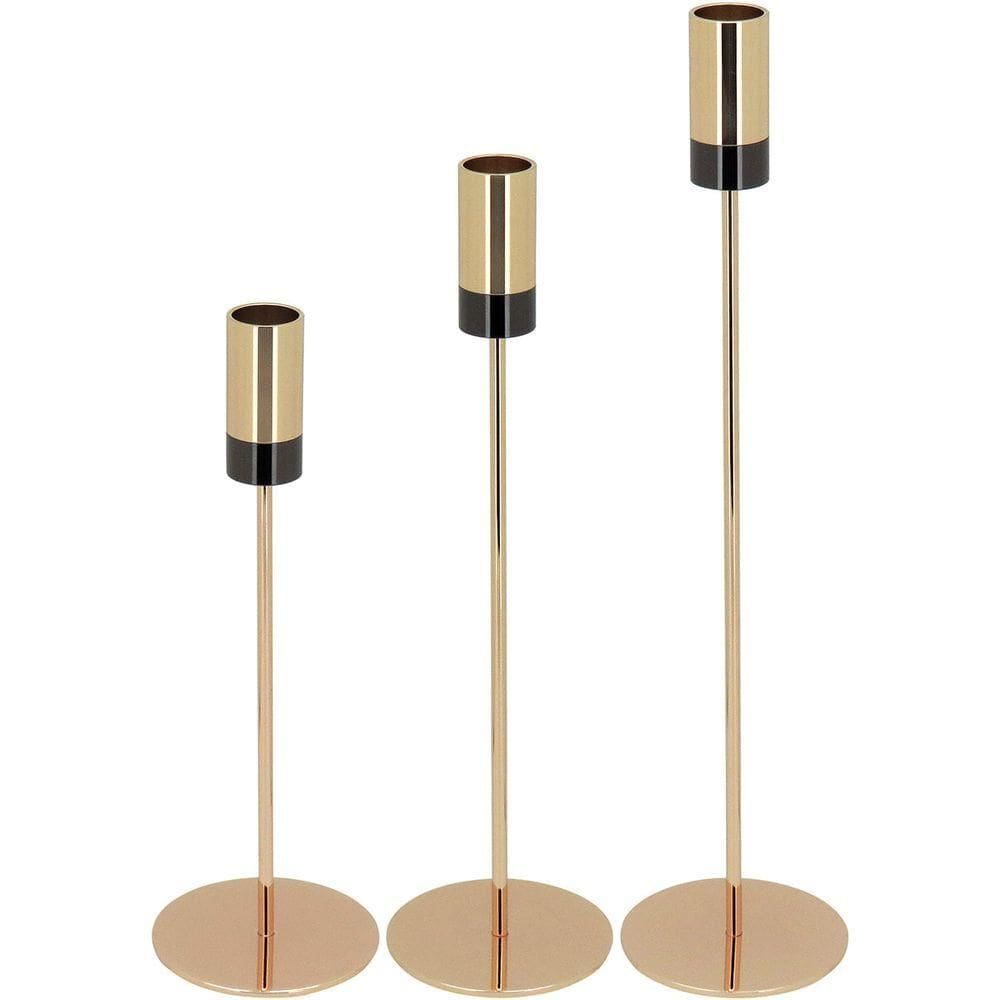 Castiçal Metal Dourado Jogo 3 Peças Porta Vela