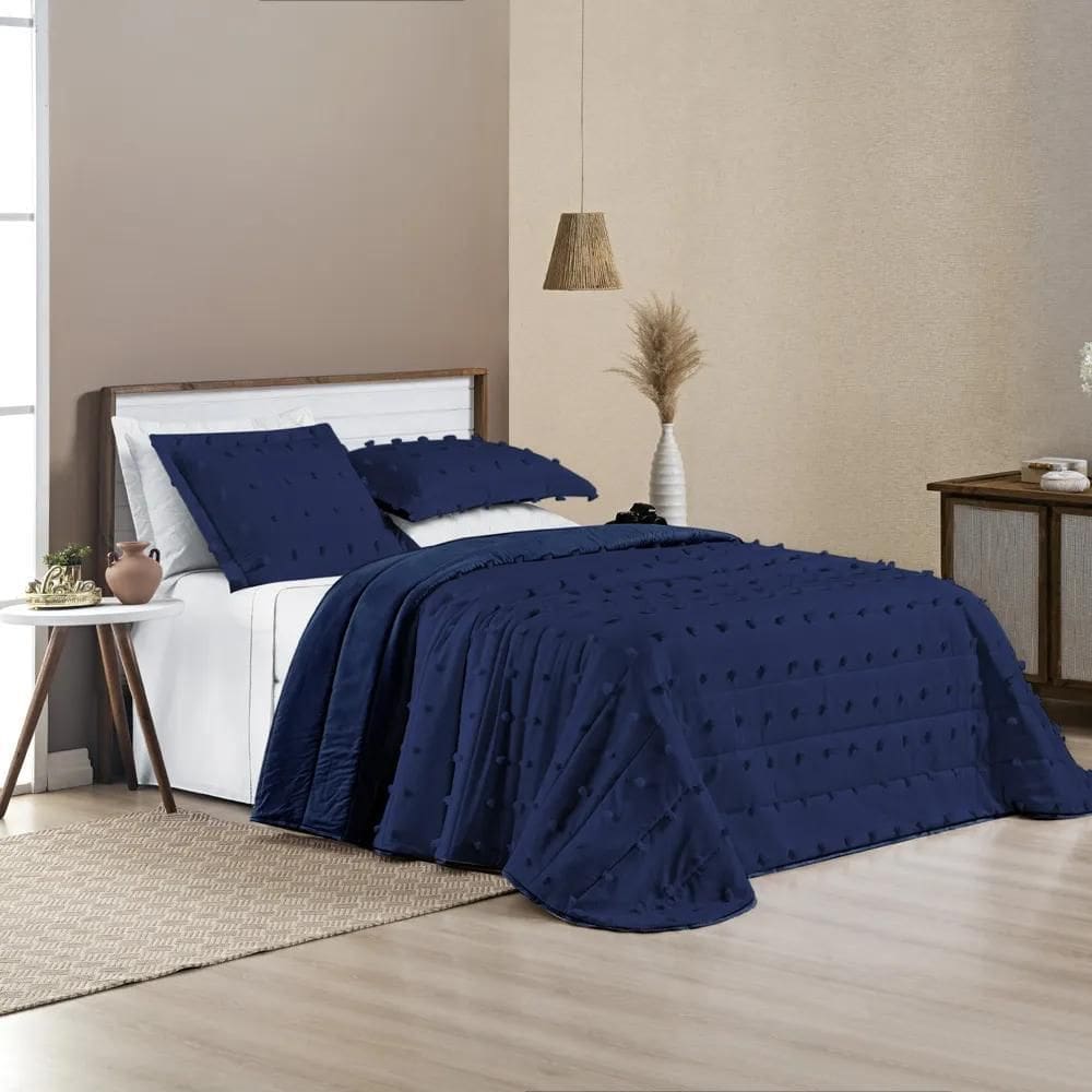 Kit Cobre Leito Alexa Pompom Queen Dupla Face - Azul Marinho