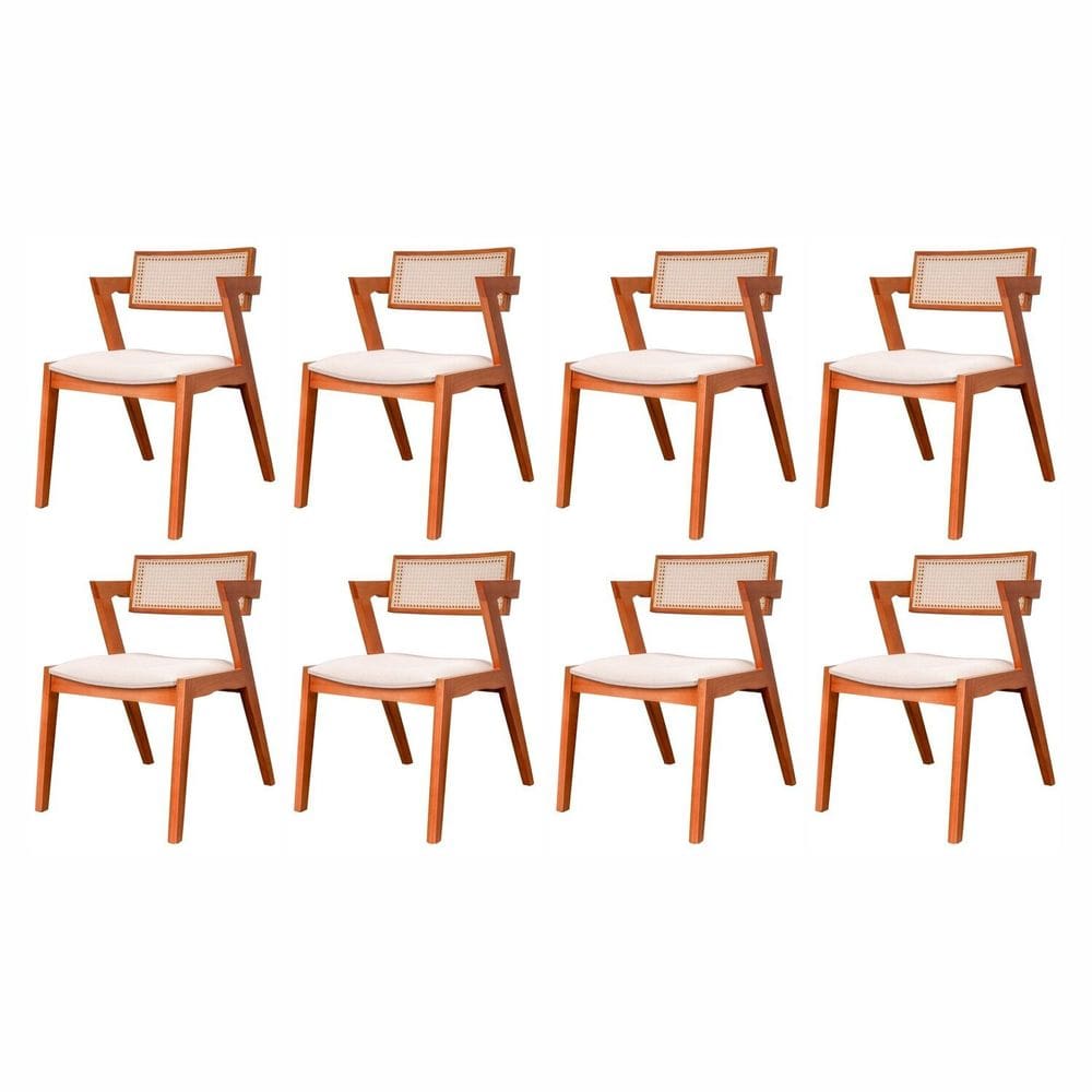 Conjunto de 8 Cadeiras em Madeira Maciça, Rattan de Fibra 100% Natural e Estofada Verona Authentic e Champagnhe/Off White