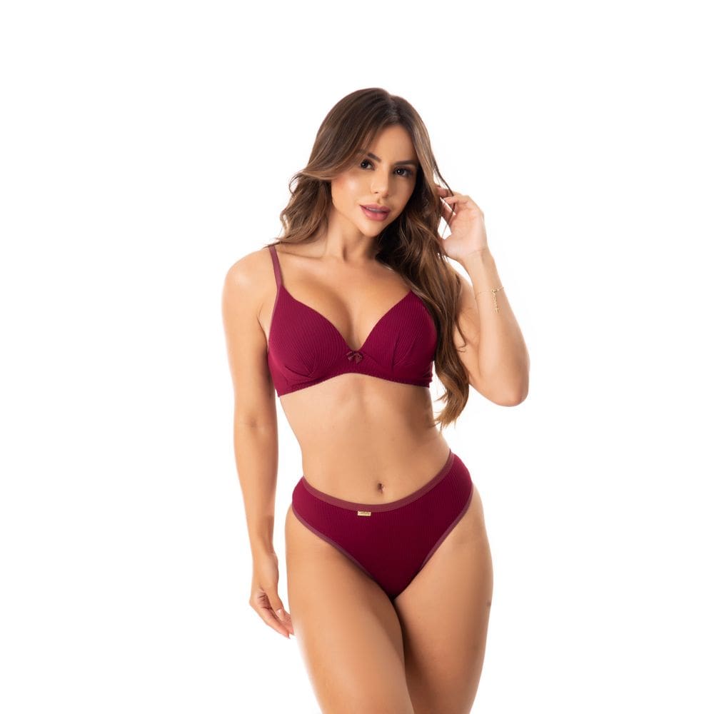 Conjunto De Lingerie Calcinha e Sutiã Com Bojo Malha Canelada Moda Íntima Feminina Sexy